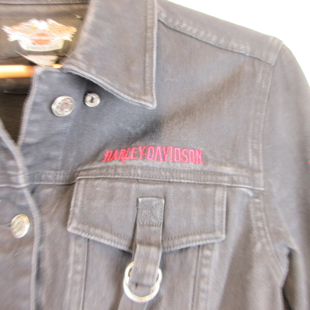 Harley Davidson Black Cotton Denim Jacket Size M Embroidered - Picture 2 of 11